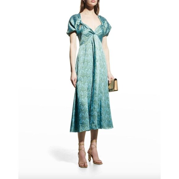 Cinq a Sept Marice Printed Satin Midi Dress Celeste Green Blue Womens 0 - Picture 2 of 12